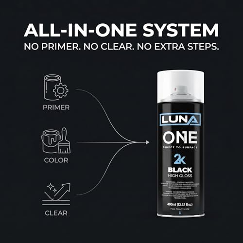 DipYourCar Luna One 2.0 All-in-One Direct-to-Surface Aerosol Spray Paint – Gloss Black, Primer + Color + Clear, 12 oz – Durable Automotive Wheels, Trim & Calipers Coating