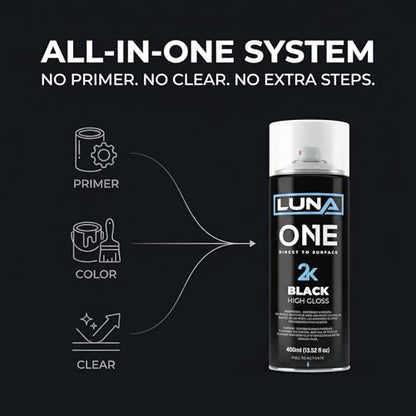 DipYourCar Luna One 2.0 All-in-One Direct-to-Surface Aerosol Spray Paint – Gloss Black, Primer + Color + Clear, 12 oz – Durable Automotive Wheels, Trim & Calipers Coating