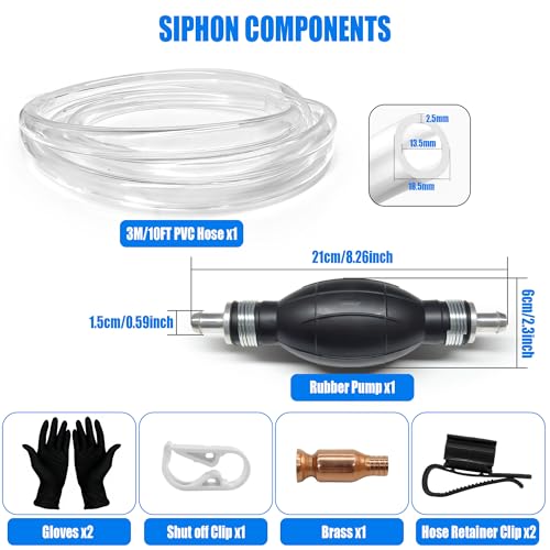 Fuel Transfer Pump, Gas Siphon Pump for Gasoline, Manual Hand Gasoline Transfer Pump for Fuel, Oil, Diesel, Water, Liquid, Fluid with 10 Ft PVC Siphon Hose, Brass, Pinch Clips and Gloves（15mm）