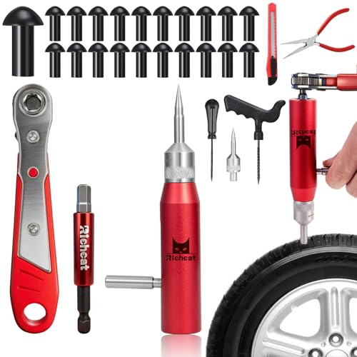 Richcat Tubeless Tire Puncture Repair Kit with Mushroom Plug, Repairs punctures and Flat Tires for Motorcycles, Cars, Trucks, ATVs and Tractors