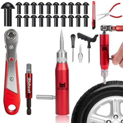 Richcat Tubeless Tire Puncture Repair Kit with Mushroom Plug, Repairs punctures and Flat Tires for Motorcycles, Cars, Trucks, ATVs and Tractors