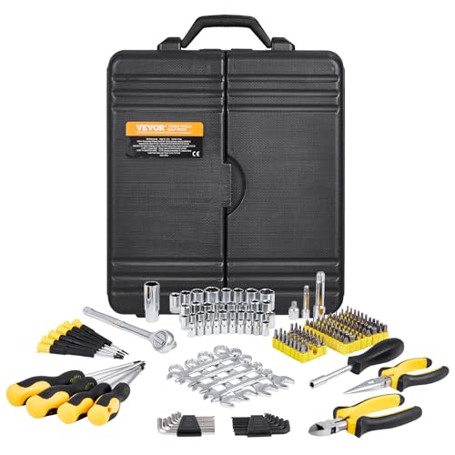 VEVOR Mechanics Tool Set 221Pieces - 1/4" and 3/8" Drive Sockets - SAE and Metric Mechanic Tool Kit with Bits - Wrenches, Ratchet Handle, Accessories, and Plastic Storage Case - for Automotive Repair - size: 221-PCS