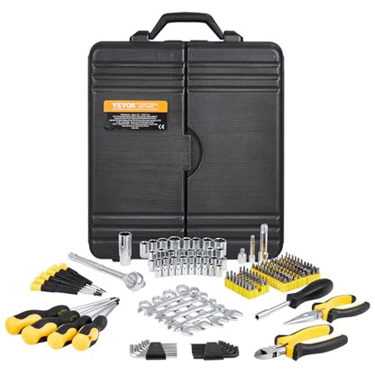 VEVOR Mechanics Tool Set 221Pieces - 1/4" and 3/8" Drive Sockets - SAE and Metric Mechanic Tool Kit with Bits - Wrenches, Ratchet Handle, Accessories, and Plastic Storage Case - for Automotive Repair - size: 221-PCS