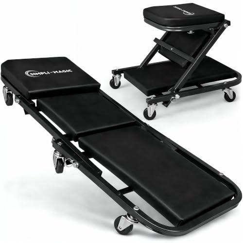SIMPLI-MAGIC Foldable Z Creeper 2-in-1 Rolling Car Creeper & Seat, Adjustable Roller Garage Chair Lay Down or Sit, 330LBS Capacity Low-Profile Under Car Creeper with 6 Swivel Casters, Black - color: Black