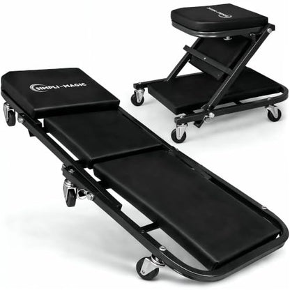 SIMPLI-MAGIC Foldable Z Creeper 2-in-1 Rolling Car Creeper & Seat, Adjustable Roller Garage Chair Lay Down or Sit, 330LBS Capacity Low-Profile Under Car Creeper with 6 Swivel Casters, Black - color: Black