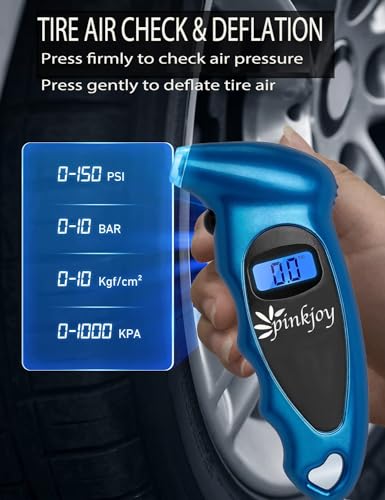 PINKJOY Digital Tire Pressure Gauge 150 PSI, 4 Settings, Tire Gauge for Car, Truck, Motorcycle, Bicycle with Backlit LCD and Non-Slip Grip (Blue) - color: Blue 1 Pack