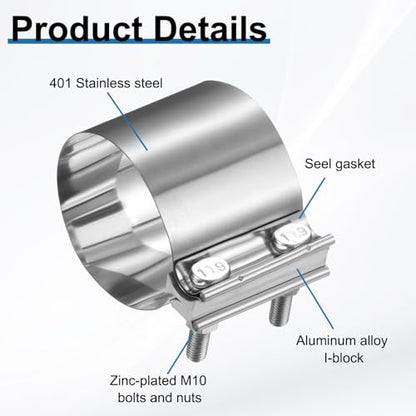HARFINGTON Exhaust Clamp 3.66" Stainless Steel Lap Joint Band Clamp Exhaust Pipes Connection with M10x55 Screws for Car Muffler Elbow Pipes - size: 3.66 inch