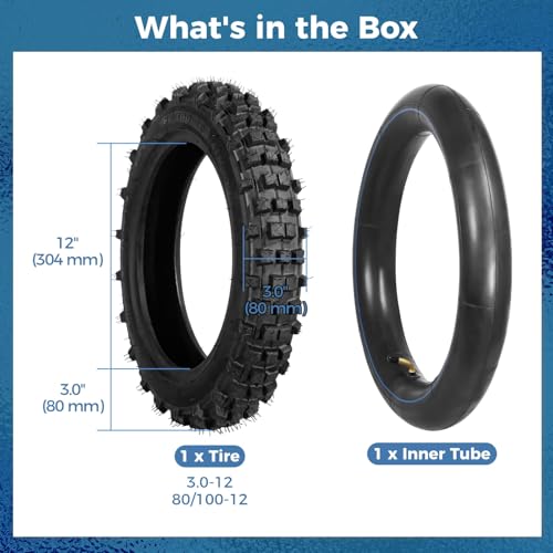 80/100-12 Dirt Bike Tires Set, 3.0-12 Tire and 80/100-12 Dirt Bike Tube with Bent Valve, Tire Replacement 12 Inch Rear for Pit Bike Motocross E-Scooter Off Road Motorcycle