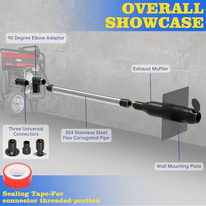 Generator Exhaust Extension Silencer kit with Three Universal Adapters, Through-Wall Mounting Plate Safely Vent Exhaust Reduce Noise By 52%, Compatible with ALL Portable Generators