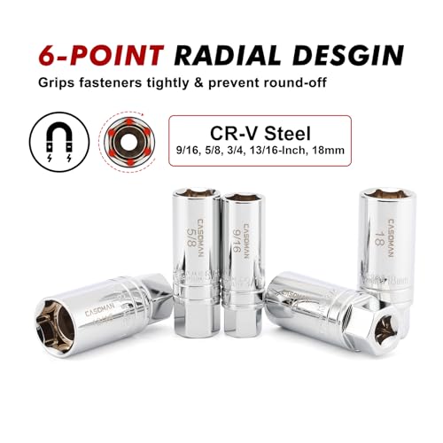 CASOMAN 10PCS 3/8"Drive Magnetic Spark Plug Socket Set, 6PT&12PT, Include Extension Bar, Universal Joint & Spark Plug Gapper, CR-V Steel - size: 10-Piece Set with Accessory