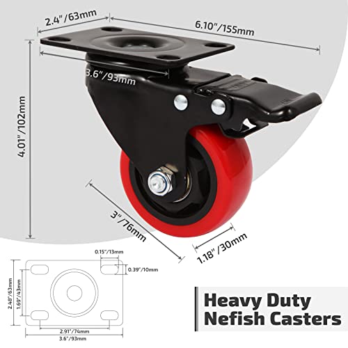 Nefish Casters Wheels Set of 4, 3 Inch Heavy Duty Caster with Brake 1200 Lbs, Safety Dual Locking Plate Castors, Top Swivel Wheels, No Noise Polyurethane for Furniture, Dollies, Trolleys - size: 3 IN