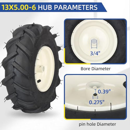 GICOOL 13x5.00-6 Tiller Tire & Wheel 3/4" Axle, 2PK for Craftsman Troy-Bilt - size: 13x5.00-6, 3/4" Axle Bore