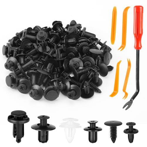 100 PCS Car Bumper Retainer Clips, 6 Type Nylon Fasteners Rivet Replacement Kit, Push-in Screw Bumper Push Rivet Clip with 5 Fastener Removers, Suitable for Many Brands of Vehicles - color: 100Pcs Clips + 5 Remover