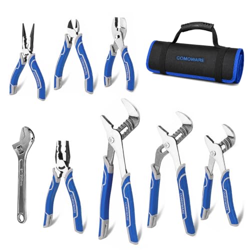 COMOWARE 8Pcs Pliers Set, 12", 10", 8" Groove Joint Pliers, 8" Adjustable Wrench, 8" Linesman, 6" Long Needle Nose, 6" Slip Joint, 6" Diagonal, Roll-Up Pouch Organizer, Rust-proof Black Oxide Coating - style: 8 Pcs