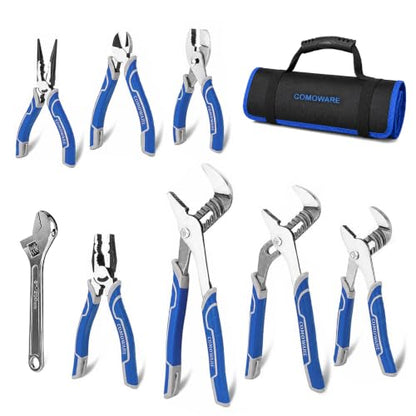 COMOWARE 8Pcs Pliers Set, 12", 10", 8" Groove Joint Pliers, 8" Adjustable Wrench, 8" Linesman, 6" Long Needle Nose, 6" Slip Joint, 6" Diagonal, Roll-Up Pouch Organizer, Rust-proof Black Oxide Coating - style: 8 Pcs