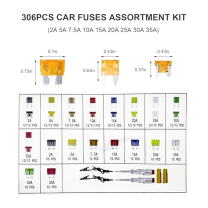 306 PCS Car Fuses Assortment Kit, Standard & Mini & Low Profile Mini Fuses (2A 5A 7.5A 10A 15A 20A 25A 30A 35A), Mixed Vehicle Blade Fuse with Circuit Tester & Fuse Puller