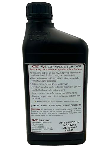 Klotz MX-4 TechniPlate, Hi-Performance Synthetic Motor Oil Lubricant for 4-Stroke Off-Road Racing Motorcycle & ATV Engines | 15W-50 – KL-880 – 1 Quart - size: 15W-50