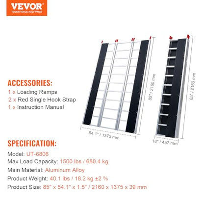 VEVOR Snowmobile Loading Ramp 85" x 54" Aluminum Foldable Ramps, 1500 LBS Capacity Loading Ramps for Motorcycle/Dirt Bike/Trailer/ATV/UTV/Garden Tractor/Lawn Mower - size: 1500 lbs
