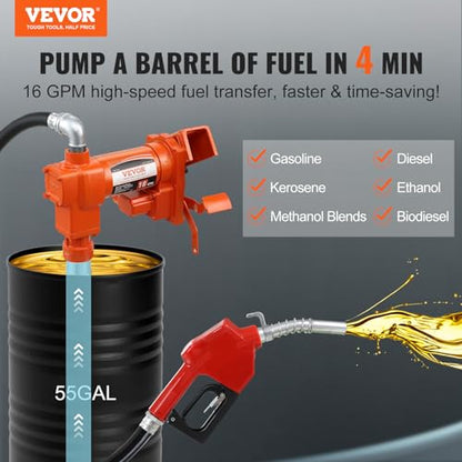 VEVOR Fuel Transfer Pump 12V DC 16 GPM 1/4 HP Gasoline Extractor Pump Kit - size: 12V 16GPM with Accessories