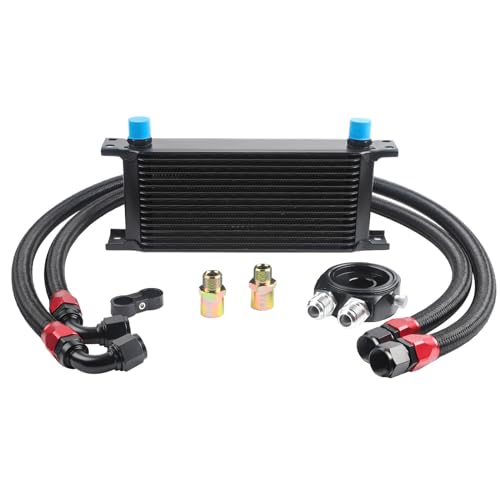 Universal 16 Row Oil Cooler Kit, 10AN Transmission Engine Cooler Kit —Stacked Plate universal racing aluminum engine transmission oil cooler — Engine British Radiator Oil Cooler Condenser （black）