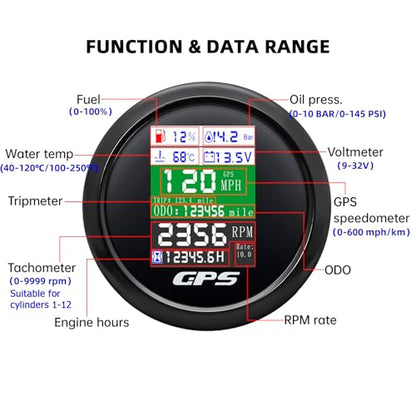 6-in-1 GPS Speedometer 3-3/8" 85mm MAIMEIMI Multi-Functional Adjustable Tachometer Voltmeter Fuel Level Water Temp Oil Pressure with Alarm for Car Boat Marine 9-32V - color: All Black