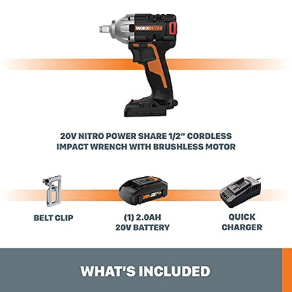 WORX Cordless Impact Wrench 20V 1/2" Brushless, WX272L - style: 20V Cordless Brushless Impact Wrench(Battery Pack & Charger)