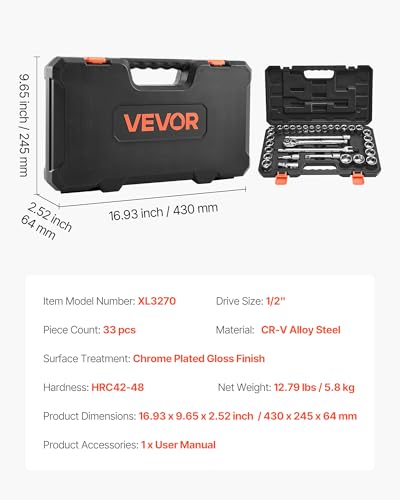 VEVOR Socket Set, 33 Pieces, 1/2 inch Drive Socket and Ratchet Set, SAE and Metric, Mechanic Tool Kit with Ratchet Wrench, Extension Bar and Storage Case, CR-V Alloy Steel, for Automotive Repair - size: 33-PCS