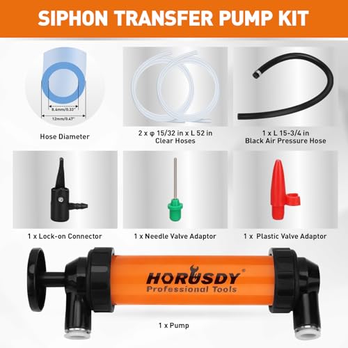HORUSDY Multi-Use Siphon Transfer Pump Kit Hand Fuel Pumps for Gas Oil Water with Air Hose, Portable Manual Fuel Transfer Pump for Boat, Car, RV, Emergency, Lawn Mower Fluid Drainage - style: Orange(New model)