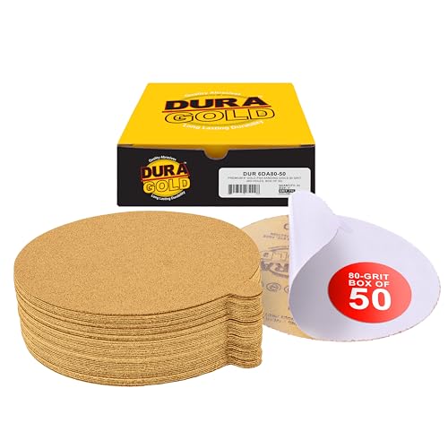 Dura-Gold Premium 6" Gold PSA Sanding Discs - 80 Grit (Box of 50) - Self Adhesive Stickyback Sandpaper for DA Sander, Finishing Coarse-Cut Abrasive - Sand Automotive Car Paint, Woodworking Wood, Metal - size: 80-Grit