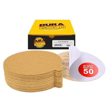Dura-Gold Premium 6" Gold PSA Sanding Discs - 80 Grit (Box of 50) - Self Adhesive Stickyback Sandpaper for DA Sander, Finishing Coarse-Cut Abrasive - Sand Automotive Car Paint, Woodworking Wood, Metal - size: 80-Grit