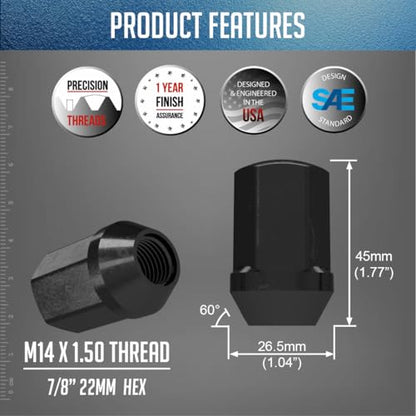 Wheel Accessories Parts 20 Pcs M14x1.5 14x1.5 Thread OEM Factory Style Lug Nuts 1.65" Long Black 7/8" 22mm Hex Fits Jeep Wrangler Gladiator ｜ RAM 1500 1500 Classic ｜ 6509422AA ｜ 611-330 - color: Black, style: Jeep Wrangler 2018+