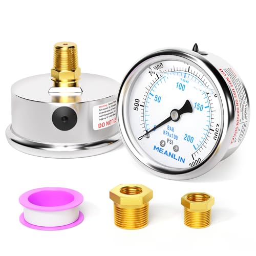 MEANLIN MEASURE 0~3000Psi Stainless Steel 1/4" NPT 2.5" FACE DIAL Liquid Filled Pressure Gauge WOG Water Oil Air Center Back Mount, with 1/2" NPT and 3/8" NPT Hex Bushing - size: 0-3000Psi