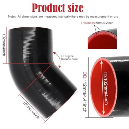 45 Degree ID 4 Inch Elbow Silicone Coupler Hose 4 Ply Polyester Reinforcement With 2 Steel T Clamps,Intercooler,Turbo,Intake Pipe - size: 45° 4"