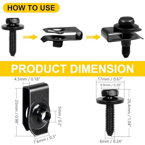 1/4 Body Bolts & U-Nut Clips Kit, Automotive Body Fender Bolts Kit, 50PCS - size: 1/4