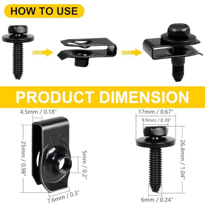 1/4 Body Bolts & U-Nut Clips Kit, Automotive Body Fender Bolts Kit, 50PCS - size: 1/4