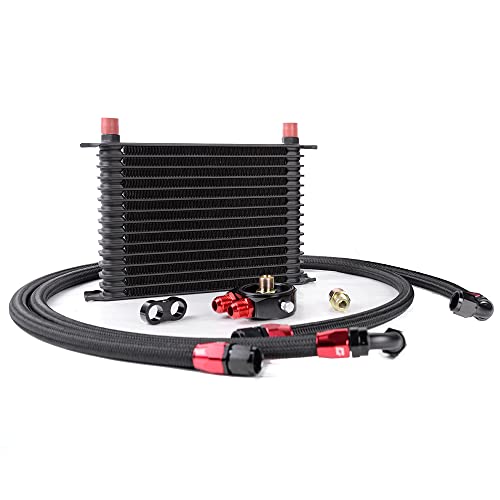 PIT66 Universal AN10 Engine Transmission Oil Cooler Compatible with Japanese Model Black 10 Row Aluminum with Filter Relocation Kit B Set - color: Black, size: 10 Row Japanese Model-B Set