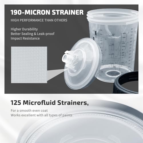Disposable Paint Spray Gun Cup System Kit – 27oz (800ml) Automotive Paint Cup with 50 Disposable Liners and Lids, 1 Hard Cup with Retainer Ring & 10 Plugs, Mixing & Storage Cup for HVLP Paint Sprayers - size: 800ml/27oz