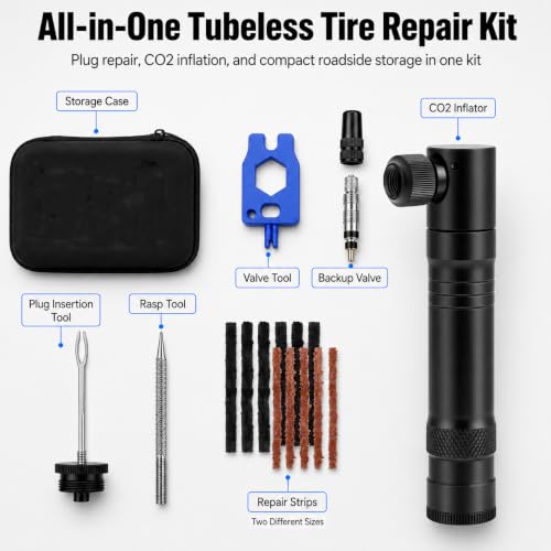 Tubeless Bike Tire Repair Kit with CO2 Inflator, Plug Tool, Strips