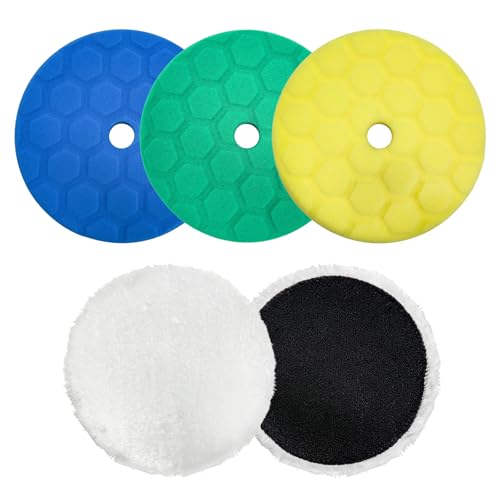 5PCS 6 Inch Polishing Pads, Heavy Duty Sponge & Soft Microfiber Hook and Loop Car Buffer Pad Set, 150mm Buffing Sponge Auto Detailing Wax Applicator Fits 5.5" Backing Plate