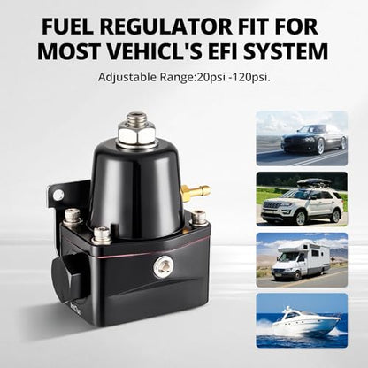 EVIL ENERGY EFI Fuel Pressure Regulator Kit Adjustable (20-120PSI) with Gauge 6AN CPE Fuel Line Hose Fitting Connectors Kit Universal Aluminum (black)