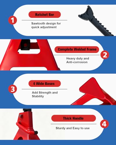 6 Ton Jack Stands (13,200Lbs) - Heavy Duty Car Jack Stand with Double Pin Locking, Adjustable 15.6"-23.4" Height, Extra Rubber Pads for Trucks, Garage, Home,DIY Use - 1 Pair Red