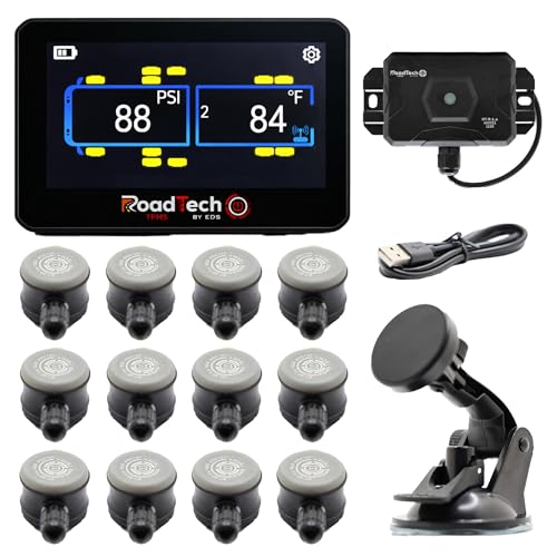 RoadTech TPMS Kit 12 Flow Through - Tire Pressure Monitoring System for RVs, Trailers & Tow Vehicles, Real-Time Pressure & Temperature Alerts, Easy Install, Color Display - size: 12 Sensors, style: Flow Through