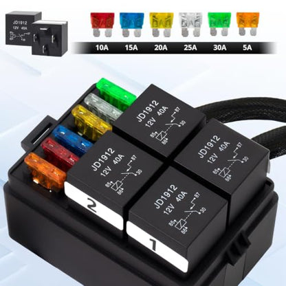 12V Pre-Wired Fuse and Relay Box Kit with 4 x 40A Relays & 6 ATC/ATO Fuses, Universal 4-Pin Relay Block for Cars, Trucks - size: 40A 4 Relay 6 Fuse