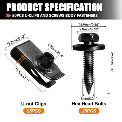 mankk 50PCS 1/4 U-Nut Clips and Fender Bolts Kit Automotive Body Fasteners - color: Black-1/4 Kit