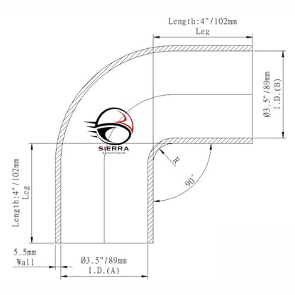 3.5 Inch / 89mm 90 Degree Silicone Elbow Hose – Extended Leg Design, True 102mm Length, 5.5mm Thickness – High Temp 4-Ply Black Coupler for Turbo, Intake, Radiator Pipe - size: 3.5 Inch / 89mm