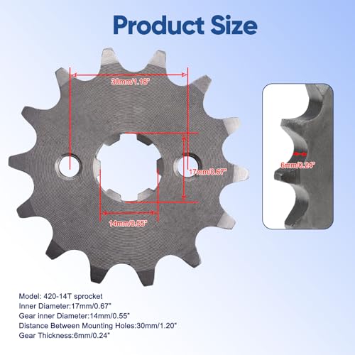 420 14T 17mm Motorcycle Front Engine Sprocket fits for 50cc 70cc 90cc 110cc 125cc 140cc 160cc Z50 CT70 Pit Dirt Mini Bikes Go Kart Trail Roketa Sunl Lifan Chinese Quad ATVs 4 Wheeler Moped - color: 420-14T