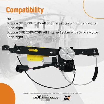 maXpeedingrods Rear Right Passenger Side Power Window Regulator with 6-Pin Motor for Jaguar XF XFR XFR-S 2009-2015 OE# C2Z26991 - style: C2Z26991