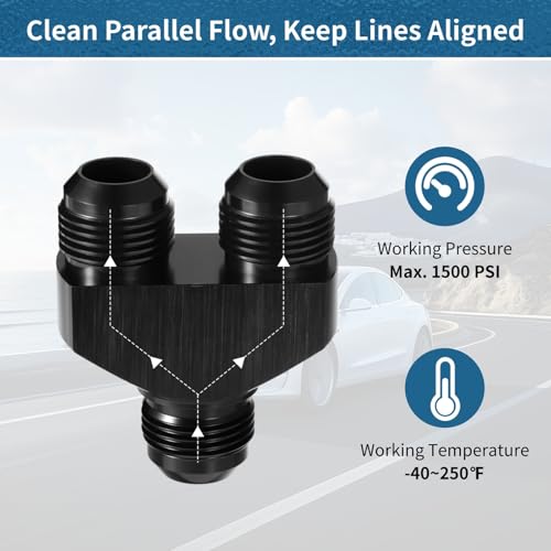 yeesport 12AN Y Block Fitting Splitter, 12 Male to Parallel Exit Dual 12AN1 Male Y Block Adapter, 3-Way 12AN Male Adapter, Rustproof Black Anodized Aluminum, for Fuel Line Rail Pump Filter Systems