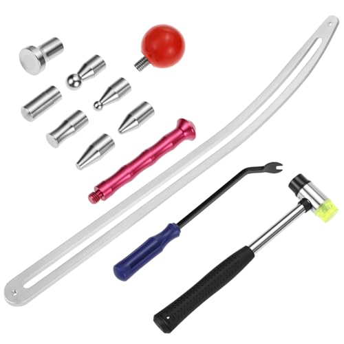 QWORK Car Dent Removal Tool Kit, Stainless Steel Auto Fender Repair Puller, Crowbar Tools Hook Rods, Lifter Big Curved Rod, with Curved Rods, Rubber Mallet, and Hooks