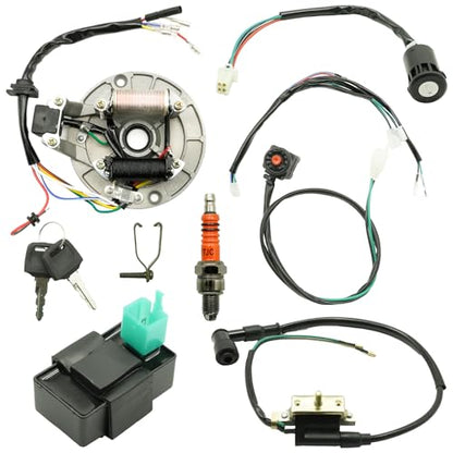 EATAKWARD ATV Rebuild Kit Wire Harness Kit, Start Dirt Pit Bike Wire Harness 2 Coil Magneto stator Plate CDI Replacement for 4 Stroke 50cc 70cc 110cc 125cc 90cc Magneto Spark Plug